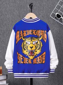 SHEIN Tween Boy Letter & Tiger Graphic Striped Trim Drop Shoulder Varsity Jacket - Blue - View 7