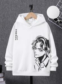 SHEIN 青少年男孩日文字母和数字图案连帽保暖卫衣 - 白色 - 查看 1