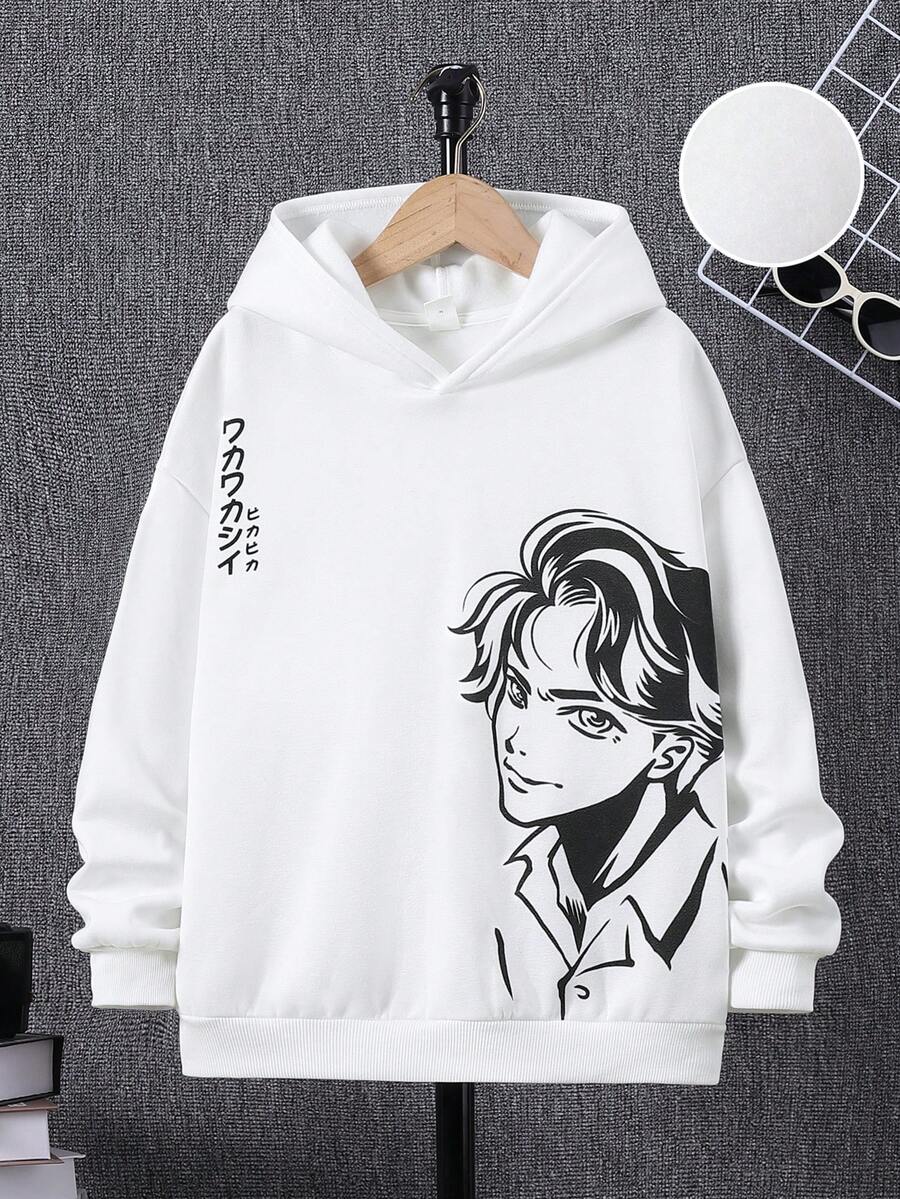 SHEIN 青少年男孩日文字母和数字图案连帽保暖卫衣 - 白色 - 查看 1