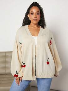 SHEIN CURVE+ 加大碼寬鬆櫻桃圖案針織開衫 - 杏色 - 查看 3