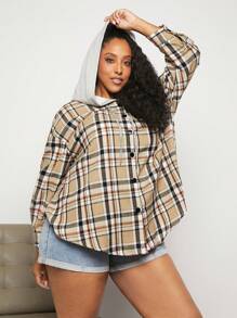 SHEIN CURVE+ Plus Plaid Print Drop Shoulder Drawstring Hooded Shirt