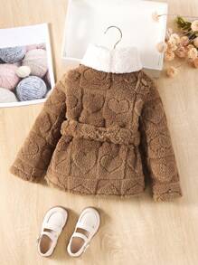 SHEIN Young Girl Solid Belted Fleece Jacket & Scarf - Mocha Brown - View 2