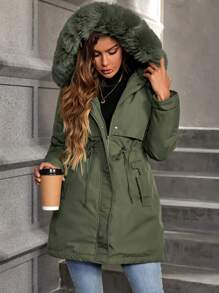 SHEIN LUNE Women's Winter Clothes Solid Color Long Sleeve Drawstring Waist Patchwork Fluffy Hooded Casual Parka Padded Padded Coat