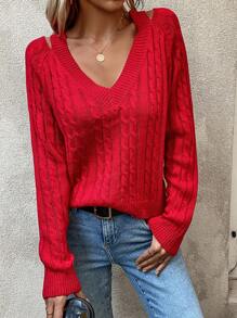 SHEIN Frenchy Jersey con abertura de manga raglán tejido de cable - Rojo - Ver 6