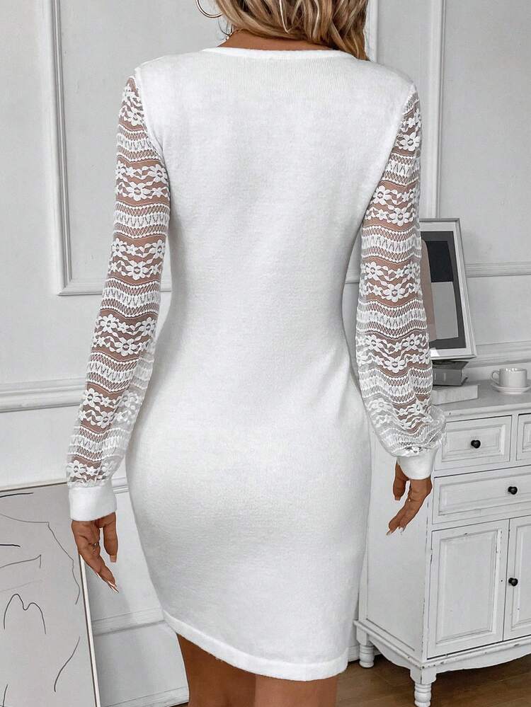 Women's Knitted Dress With Lace Sleeves