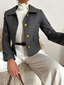 EURMUSE Plaid Print Button Front Jacket - Grey - View 4