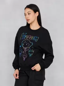 JUSTICE LEAGUE X SHEIN 字母及卡通圖形垂墜肩寬大款春秋季圓領套頭衛衣 - 黑色 - 查看 5