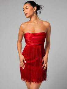 SHEIN BAE Fringe Trim Ruched Bustier Tube Dress - Red - View 7