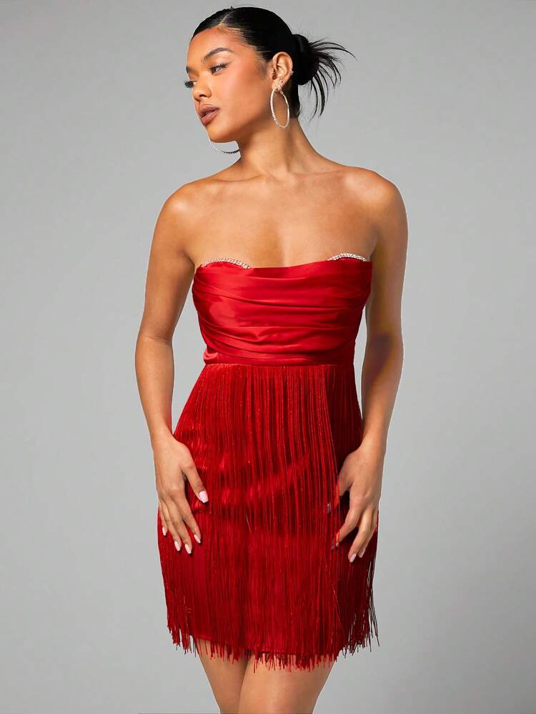 Fringe Trim Ruched Bustier Tube Dress