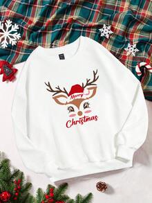 SHEIN EZwear 大碼聖誕圖案落肩袖運動衫 - 白色 - 查看 3