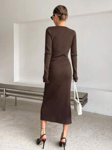 DAZY 纯色开叉大腿罗纹针织毛衣裙，秋季女装 - 咖啡棕 - 查看 2