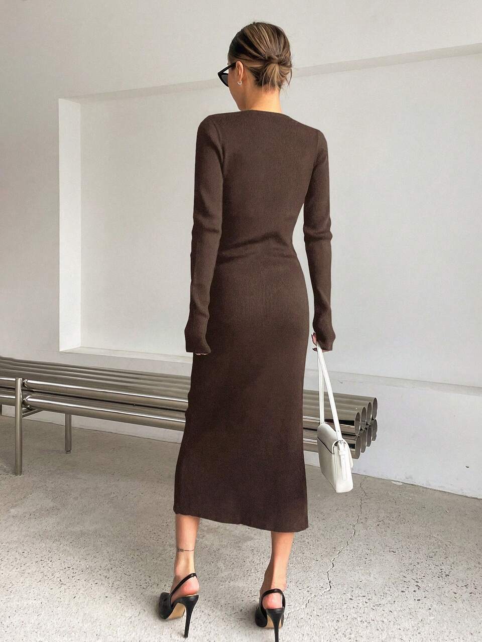 Solid Split Thigh Ribbed Knit Sweater Dress,Fall Women Clothes