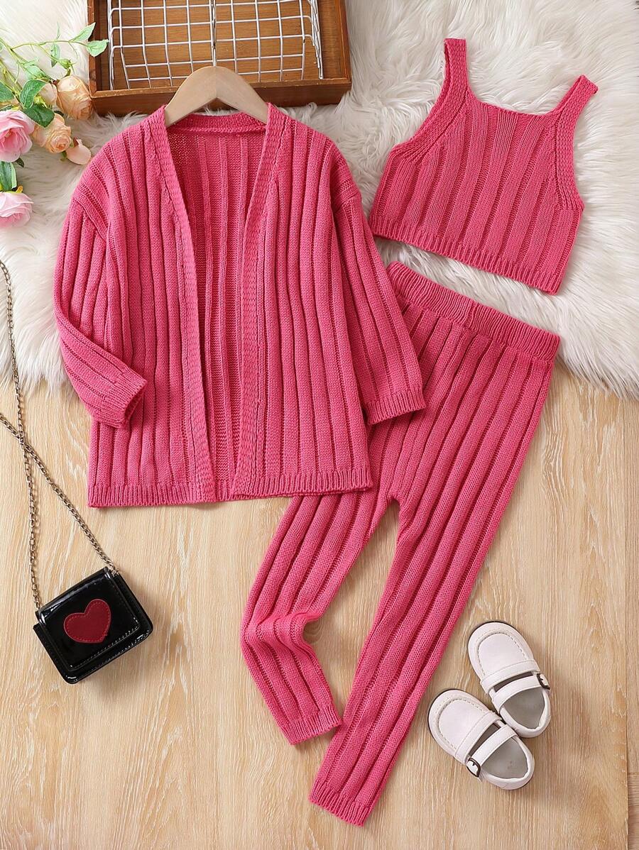 SHEIN 女小童素色針織背心上衣和針織褲&開襟衫 - 玫紅色 - 查看 1