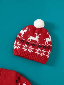 Baby Girl Christmas Pattern Button Front Cardigan With Hat - Red - View 3