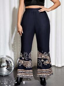 Celure Plus Paisley Print Flare Leg Pants - Black - View 1