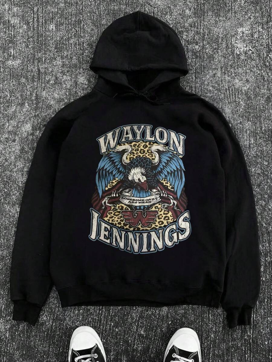 Men Letter & Eagle Print Drawstring Thermal Lined Hoodie - Black - View 1