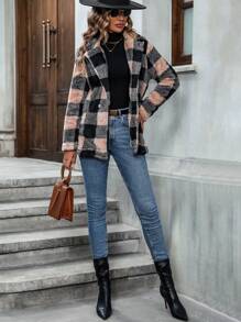 SHEIN Essnce 大方格圖案西裝領法蘭絨西裝外套 - 彩色 - 查看 4