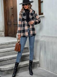 SHEIN Essnce 大方格圖案西裝領法蘭絨西裝外套 - 彩色 - 查看 6