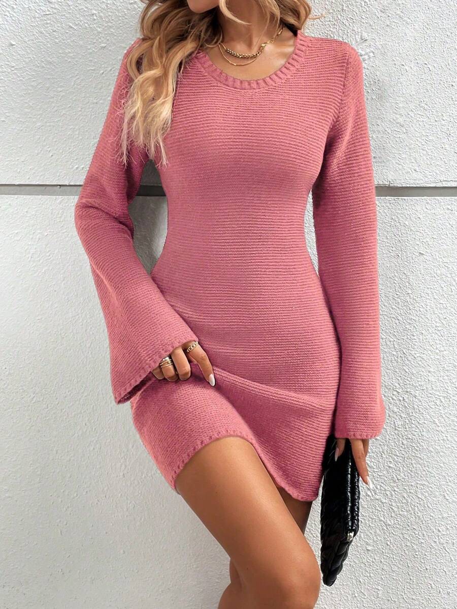 SHEIN LUNE Solid Fare Sleeve Sweater Dress - Coral Pink - View 1