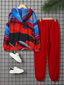 SHEIN 男大童汽車印花連帽衫和運動褲 - 彩色 - 查看 2