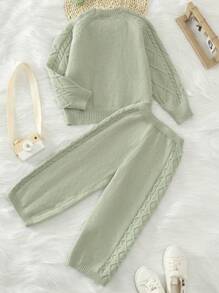 SHEIN Young Girl Raglan Sleeve Sweater & Knit Pants - Mint Green - View 2