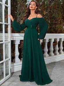 UNITHORSE Vai lạnh Tay áo lồng đèn Chiffon Đầm vũ hội - Màu xanh lá cây đậm - Xem 5