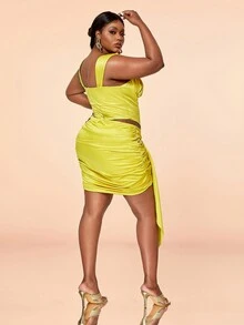 Falda De Cintura Ajustada Con Pliegues Románticos Y Cinta De Raso Para Mujeres De Talla Grande - Amarillo - Ver 2