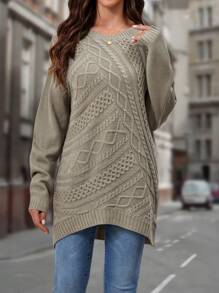 EMERY ROSE 麻花編織落肩袖不對稱下擺套頭毛衣 - 灰色 - 查看 1