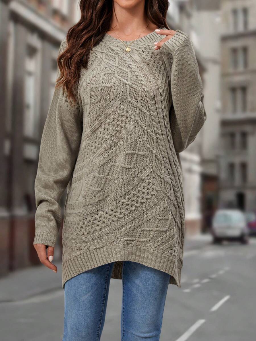 EMERY ROSE 麻花編織落肩袖不對稱下擺套頭毛衣 - 灰色 - 查看 1