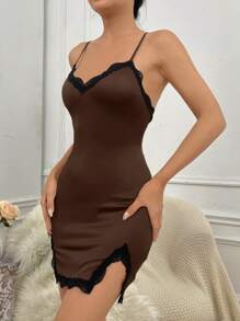 Contrast Lace Trim Split Hem Cami Pajama Nightdress - Coffee Brown - View 3