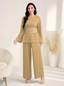 Mulvari 荷葉袖荷葉邊下擺腰帶襯衫&闊腿褲 - 卡其色 - 查看 4
