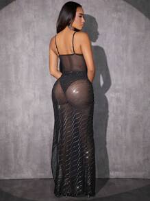 SHEIN SXY Contrast Sequin Mesh Cami Bodysuit & Split Thigh Skirt - Black - View 2