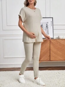 SHEIN 孕婦蝙蝠袖T恤&可調節腰圍緊身打底褲 - 杏色 - 查看 4