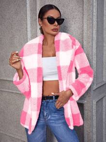 SHEIN LUNE 大方格圖案大翻領絨毛外套 - 粉色 - 查看 1
