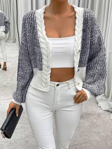 SHEIN Essnce 段染落肩袖開襟衫 - 灰色 - 查看 7