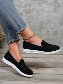 Fall/Winter New Comfortable Breathable Knitted Mesh Slip-On Sneakers, Fashionable Flat Casual Shoes - Black - View 2