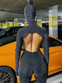 Solid Glitter Unitard Jumpsuit With Mask - Black - View 2
