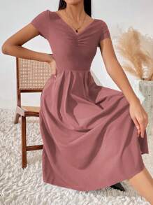 SHEIN Belle Solid Ruched Front A-line Dress - Dusty Pink - View 1