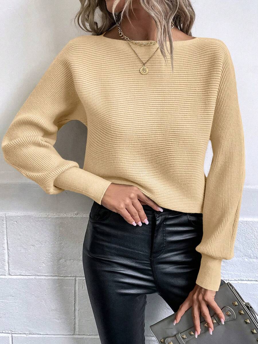 SHEIN Frenchy Boat Neck Batwing Sleeve Sweater - Apricot - View 1