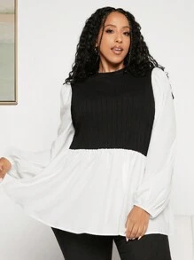 SHEIN CURVE+ 大尺碼荷包邊灯笼袖上衣 - 黑色 - 查看 5