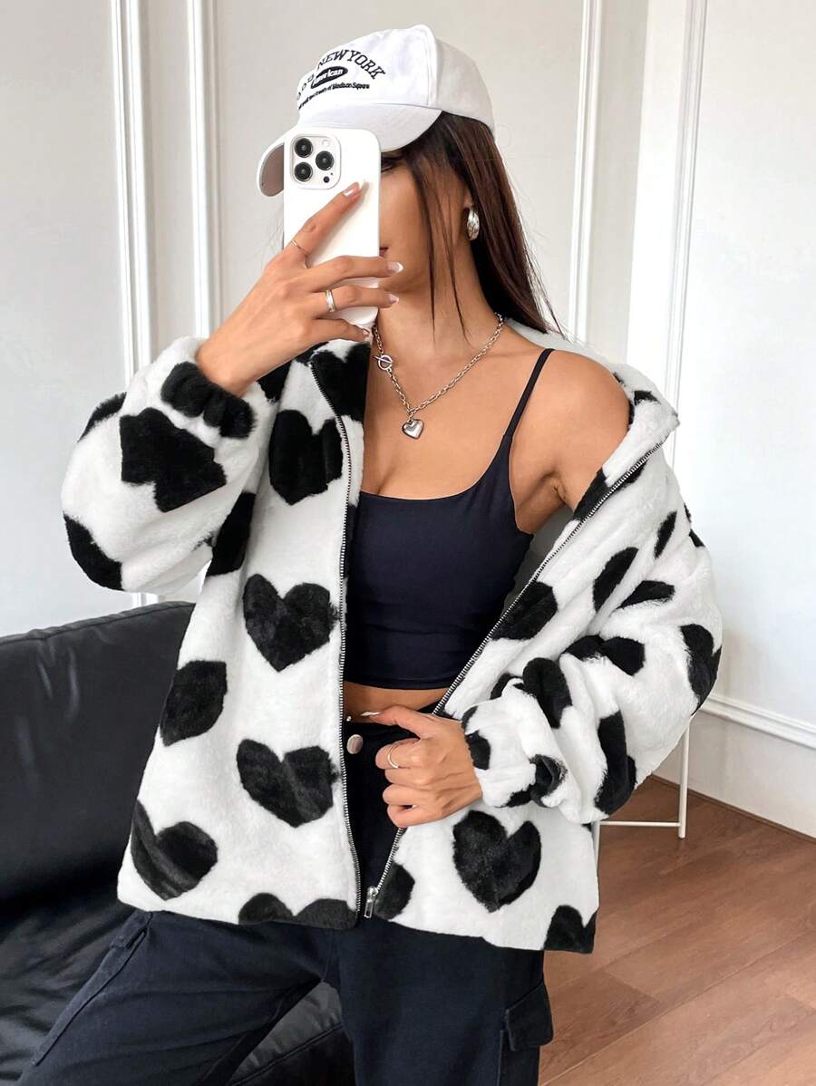 SHEIN Unity 愛心圖案拉鍊絨毛外套 - 黑與白 - 查看 1