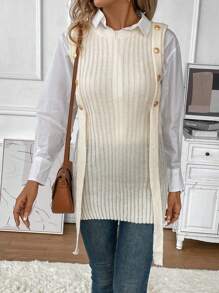 SHEIN Essnce Button Detail Sweater Vest Without Blouse - Apricot - View 6