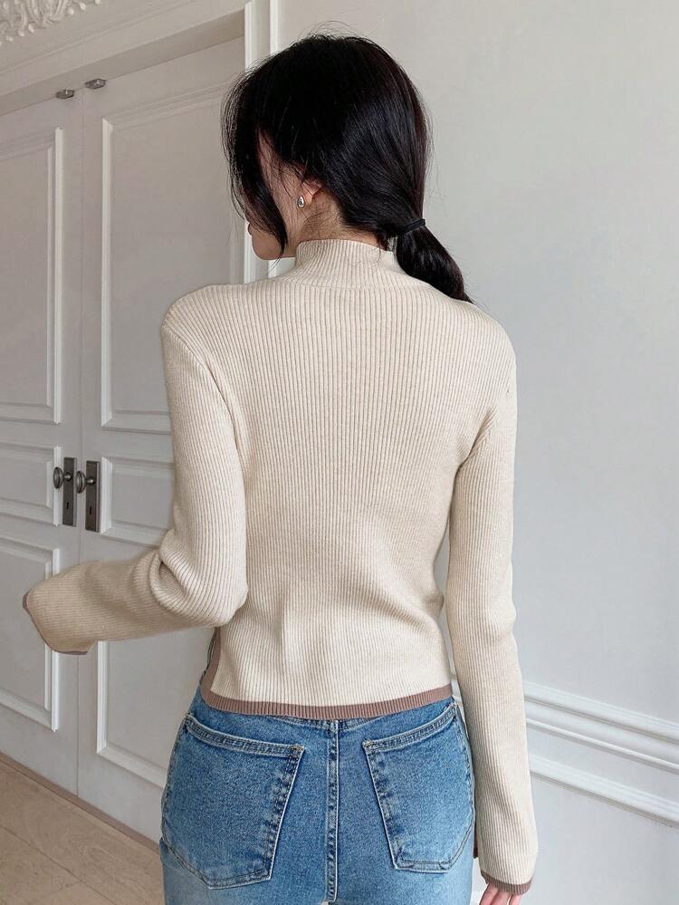 Women's Solid Stand Collar Asymmetric Hem Casual Business Sweater, Autumn,Long Sleeve Tops