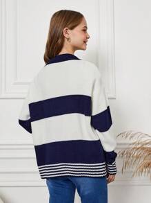 SHEIN Cottnline كارديجان مخطط بألوان متباينة للفتيات المراهقات - ازرق وابيض - مشاهدة 2