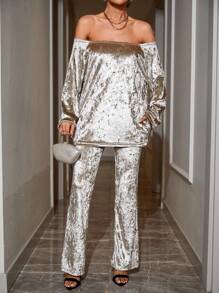EURMUSE Off Shoulder Velvet Top & Pants - Beige - View 3