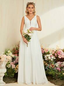 Vestido De Novia Largo De Malla Con Encaje En Contraste - Blanco - Ver 3