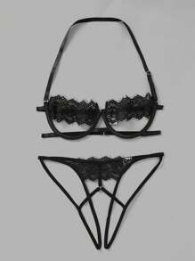 Women Black Halter Lace Cut Out Sheer Sexy Lingerie Set - Black - View 3