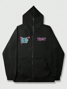 ROMWE MEN Street Life 男士標語和卡通圖案拉鏈連帽衫 - 黑色 - 查看 2