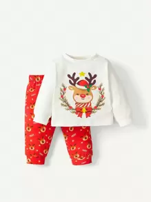 Baby Girl 2pcs Christmas Print Tee & 2pcs Striped Pants