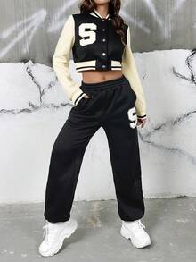 SHEIN EZwear Thư được vá Sọc trang trí Áo khoác & Quần nỉ - Nhiều màu - Xem 6